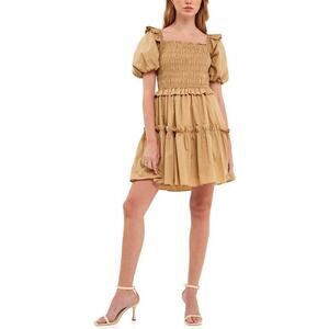 NWOT English Factory Small Tawny Shirred Poplin Smocked Puff Sleeve Mini Dress